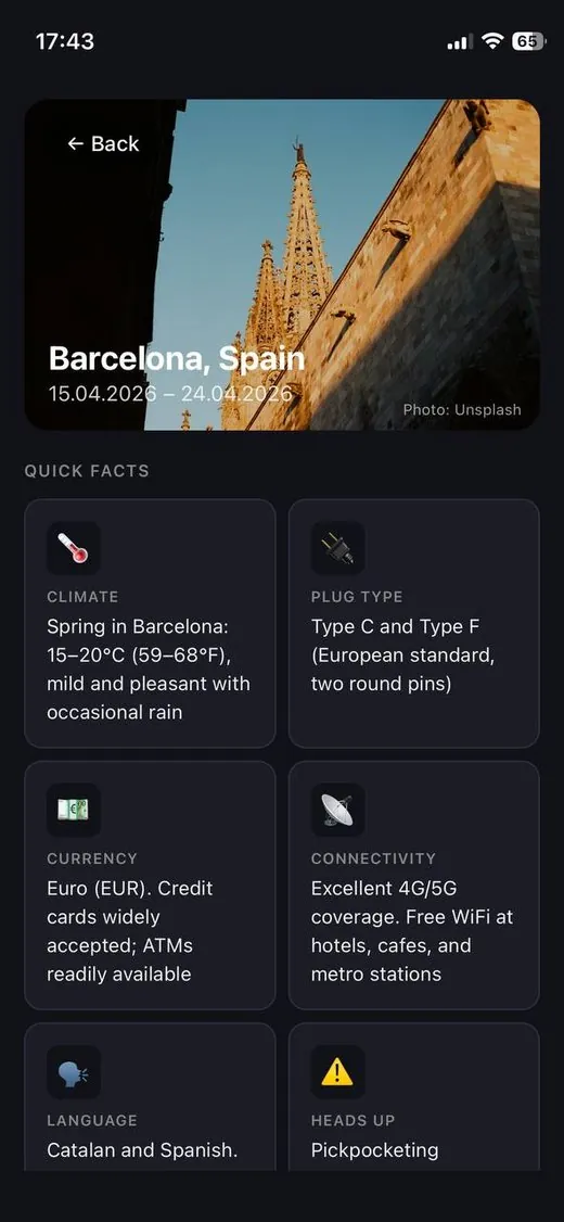 PackWise destination quick facts — climate, plug type, currency, connectivity