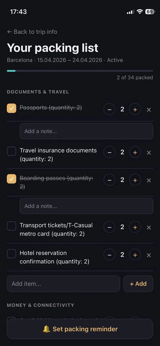 PackWise AI-generated packing list for a trip to Barcelona
