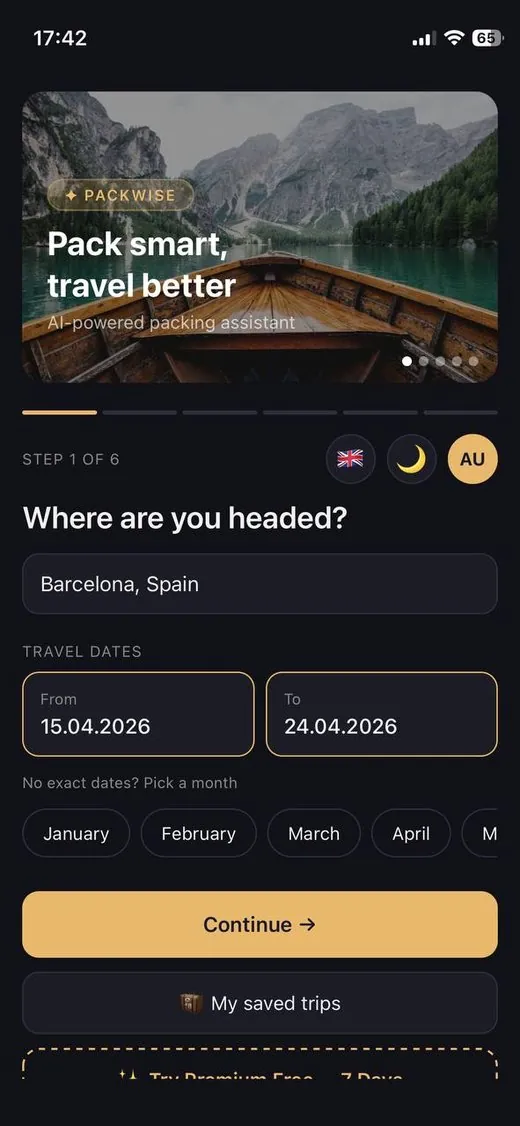 PackWise trip setup screen — choose destination and dates