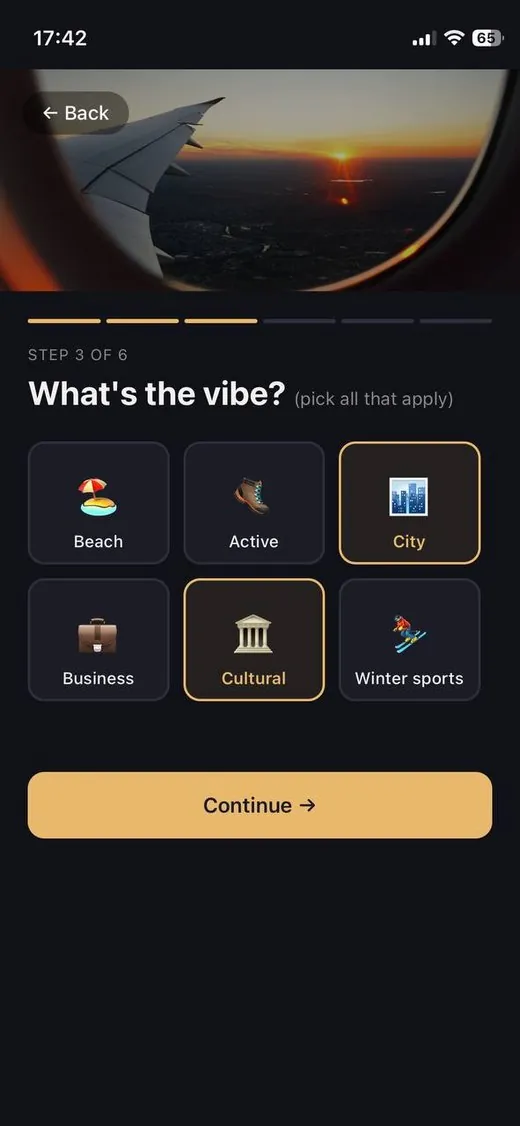PackWise travel style selection — beach, city, business, cultural, winter sports